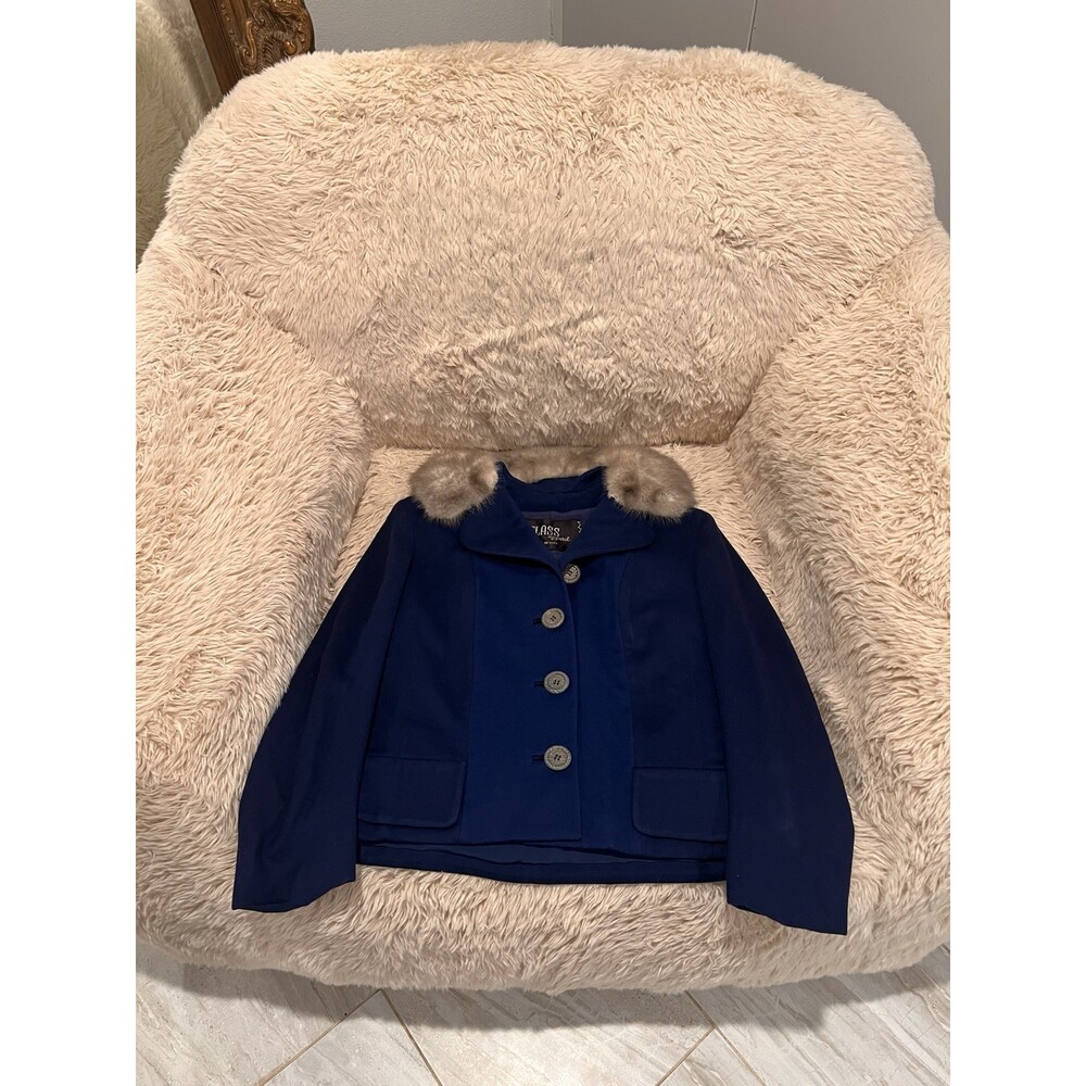 Vintage Women’s 1960’s Youthcraft Blue Wool Fur Trim Collar Jacket Petticoat